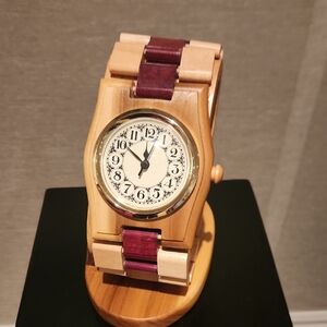 Wooden Bracelet Watch in Natural and Plum - Unbranded